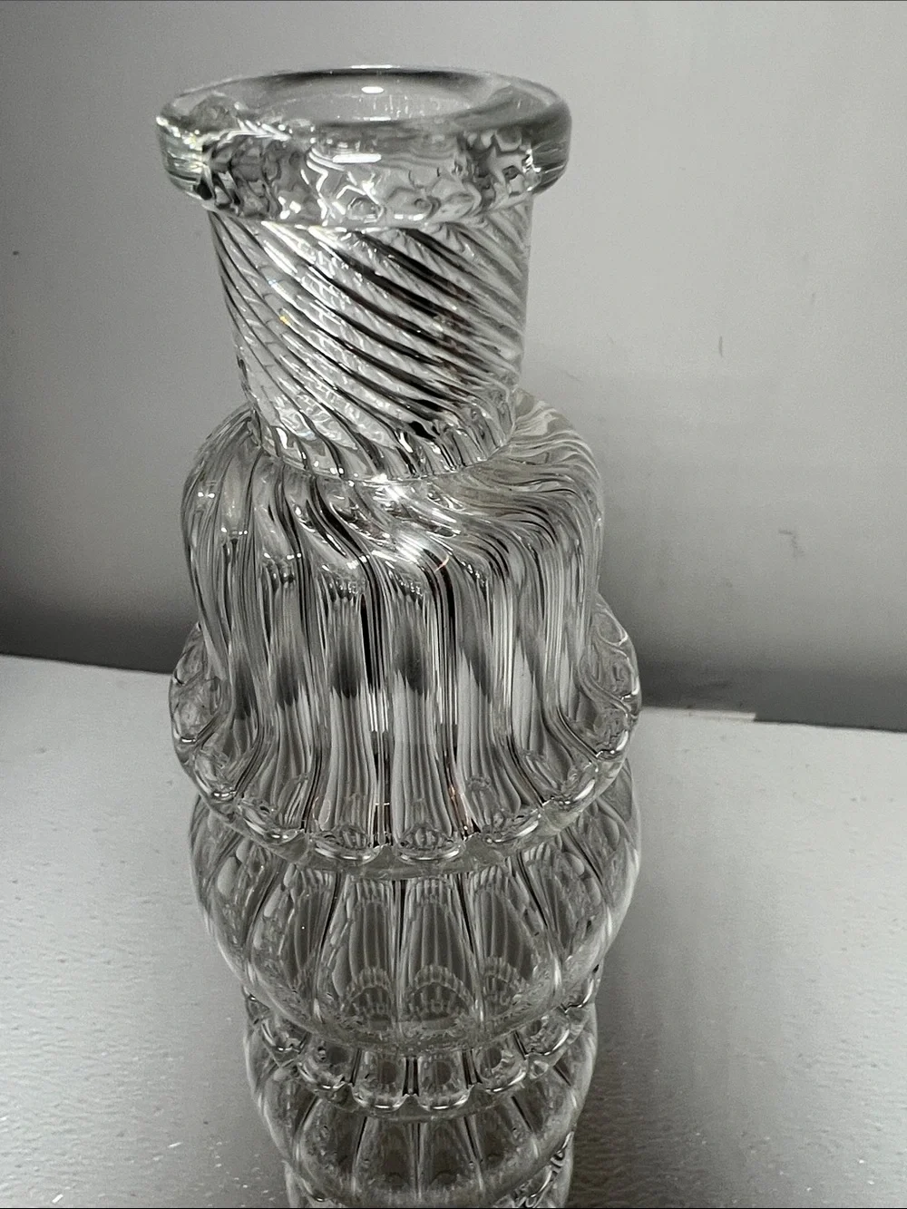 Vintage Tall Ribbed Clear Hand Blown Glass Decanter Bottle/Vase Made Romania.